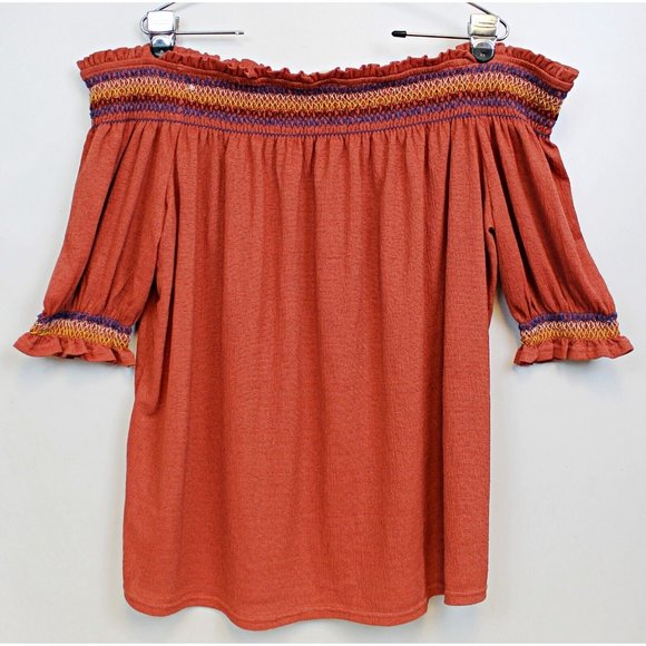 Flower & Feather + Woman Off Shoulder Peasant Hippy Shirt Boho Shirred Stretchy - Picture 3 of 6